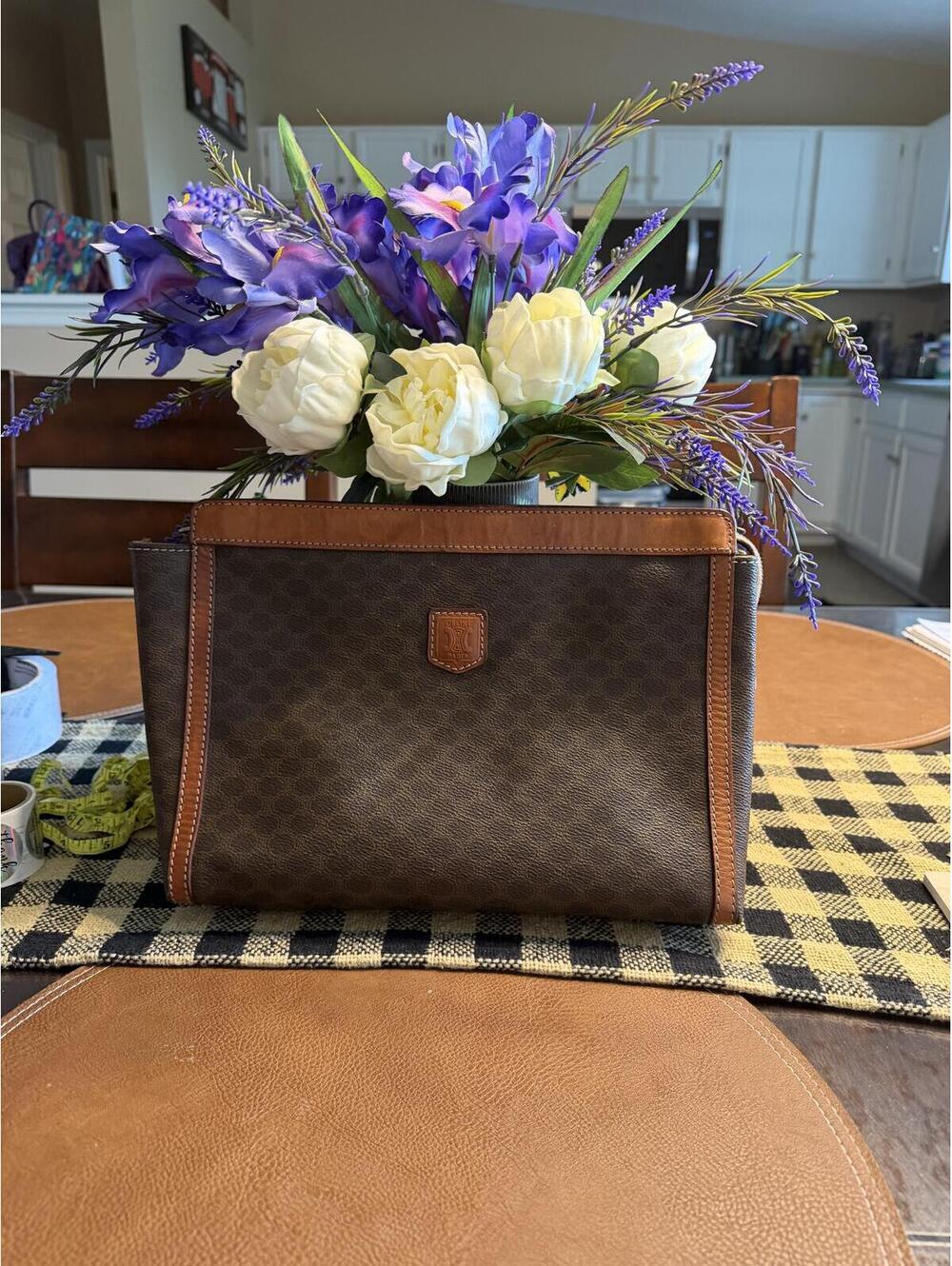 Celine authentic Brown Patterned Leather Tote Bag with Tan Trim